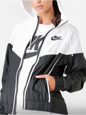 Nike Black and White Zip-Up Hooded Windrunner Track Jacket